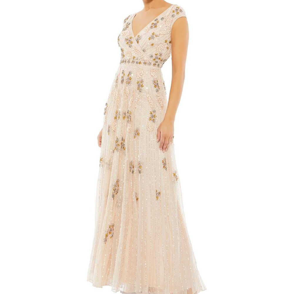 Mac Duggal 93575 Embellished Wrap Over Cap Sleeve A-Line Gown in Blush Size‎ 12